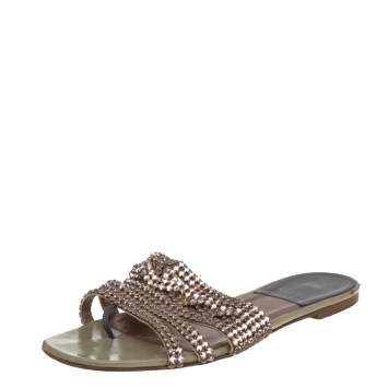 Pre Owned Gina Green Patent Crystal Embellished Flat Sandals Size 39.5