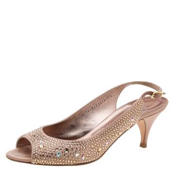 Pre Owned Gina Pink Satin Crystal Embellished Peep Toe Slingback Sandals Size 40.5 