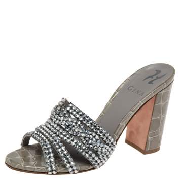 Pre Owned Gina Green Crystal Embellished Croc Embossed Patent Leather Rodeo Block Heel Slide Sandals Size 37