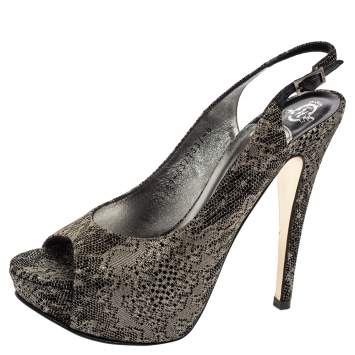 Pre Owned Gina Metallic Bronze Lurex Fabric Platform Slingback Pumps Size 37