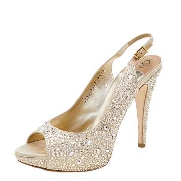 Pre Owned Gina Beige Satin Crystal Embellished Peep Toe Slingback Platform Sandals Size 40