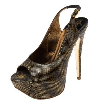 Pre Owned Gina Metallic Bronze/Black Texture Leather Peep Toe Platform Slingback Pumps  Size 37