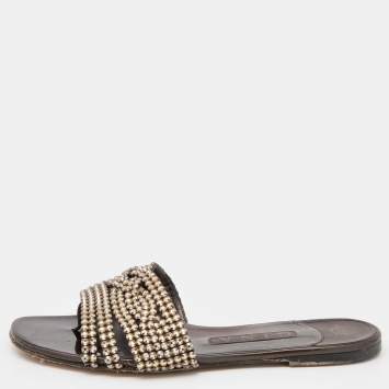 Pre Owned Gina Brown Leather Crystal Embellished Flat Sandals Size 38.5