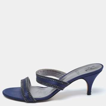 Pre Owned Gina Navy Blue Crystal Embellished Satin Slide Sandals Size 39