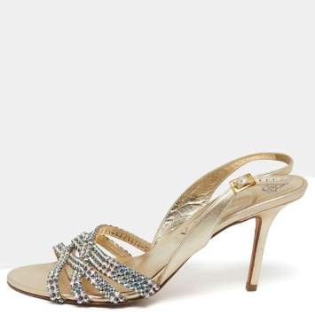 Pre Owned Gina Gold Leather Crystal Embellished Slingback Sandals Size 40.5