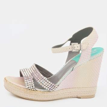 Pre Owned Gina Multicolor Python Crystal Embellished Platform Wedge Sandals Size 40