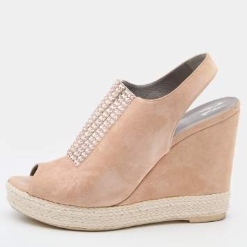 Pre Owned Gina Peach Suede Crystal Embellished Platform Wedge Sandals Size 40