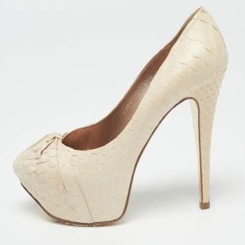 Pre Owned Gina Cream Python Embossed Leather Elle Platform Pumps Size 37.5
