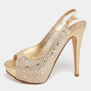 Pre Owned Gina Gold Crystal Embellished Satin Slingback Sandals Size 36