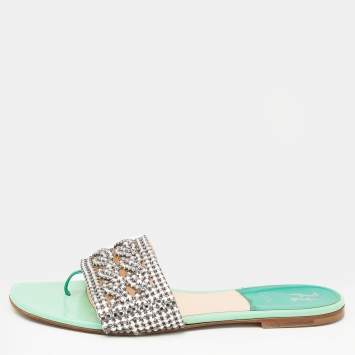 Pre Owned Gina Green Crystal Embellished Leather Thong Flats Size 40