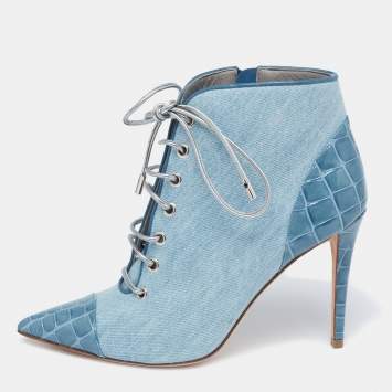 Pre Owned Gina Blue Denim And Croc Embossed Patent Ankle Boots Size 38