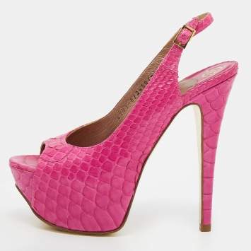 Pre Owned Gina Pink Python Leather Peep Toe Platform Slingback Sandals Size 36.5