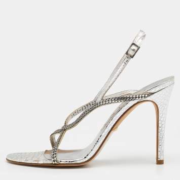 Pre Owned Gina Metallic Silver Embossed Leather Astor Cross Ankle Strap Sandals Size 39