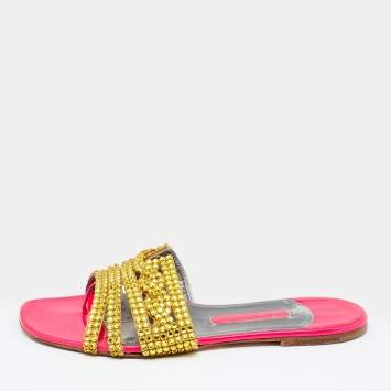 Pre Owned Gina Gold/Pink Crystals Embellished Leather Thong Flat Slides Size 39.5