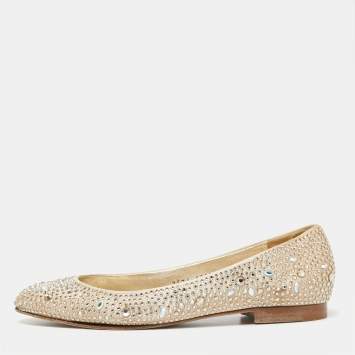 Pre Owned Gina Beige Satin Crystal Embellished  Ballet Flats Size 38