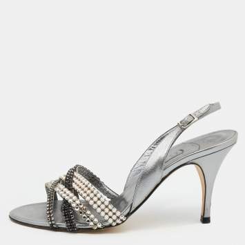 Pre Owned Gina Silver Leather Crystal Embellished Slingback Sandals Size 38.5