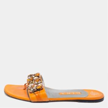 Pre Owned Gina Orange Leather Crystal Embellished Flat Sandals Size 40
