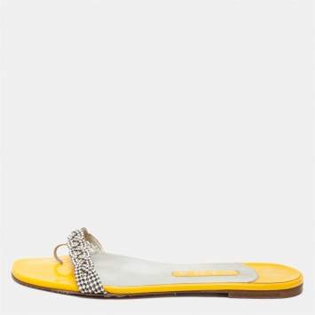 Pre Owned Gina  Yellow Patent Crystal Embellished Flat Sandals Size 39.5