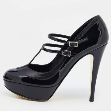 Pre Owned Gina Black Patent Leather Mary Jane Platform Pumps Size 39.5