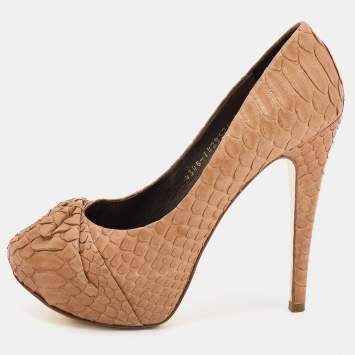 Pre Owned Gina Beige Python Leather Hoodie Platform Pumps Size 39