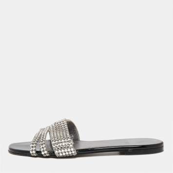 Pre Owned Gina Silver/Black Crystal Embellished Leather Loren Flat Slides Size 39.5