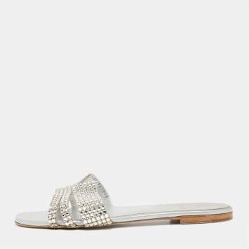 Pre Owned Gina Silver Crystal Embellished Leather Flat Slides Size 40