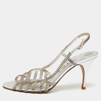 Pre Owned Gina Silver  Leather Crystal Embellished Slingback  Sandals Size 38