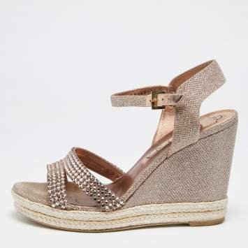 Pre Owned Gina Rose Gold Glitter and Mesh Snoop Crystal Embellished Wedge Sandals Size 40.5  