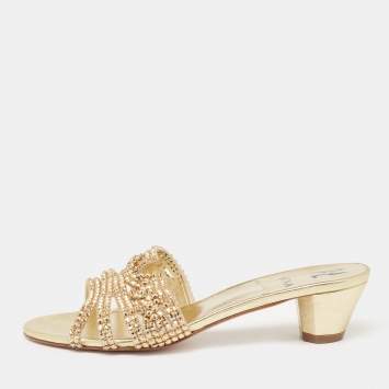 Pre Owned Gina Gold Leather Crystal Embellished Slide Sandals Size 40.5 