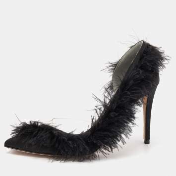 Pre Owned Gina Black Satin And Fur D'orsay Pointed Toe Pumps Size 37.5