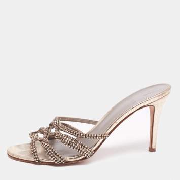 Pre Owned Gina Gold Crystal Embellished Leather Slide Sandals Size 39.5