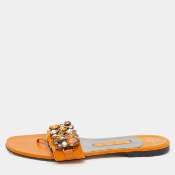 Pre Owned Gina Orange Crystal Embellished Leather Thong Flats Size 38