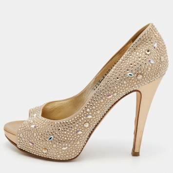 Pre Owned Gina Beige Satin Crystal Embellished Peep Toe Pumps Size 37.5