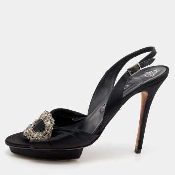 Pre Owned Gina Black Satin Crystal Embellished Slingback Sandals Size 39