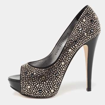 Pre Owned Gina Black Satin Crystal Embellished Peep-Toe Platform Pumps Size 37