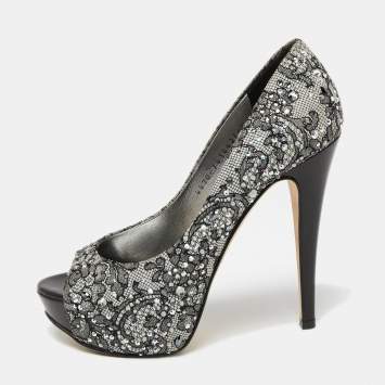 Pre Owned Gina Grey/Black Lace Crystal Embellished Open Peep  Platform Pumps Size 37