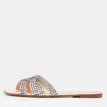 Pre Owned Gina Silver/Pink Leather Crystal Embellished Flat Slides Size 38.5