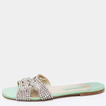Pre Owned Gina Mint Green Crystal Embellished Leather Flat Slides Size 42