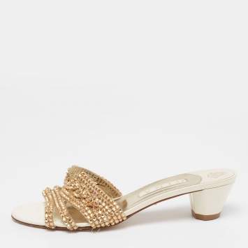 Pre Owned Gina Cream/Gold Leather Crystal Embellished Loren Slide Sandals Size 41