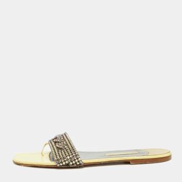 Pre Owned Gina Light Yellow Crystal Embellished Leather Flat Slides Size 42