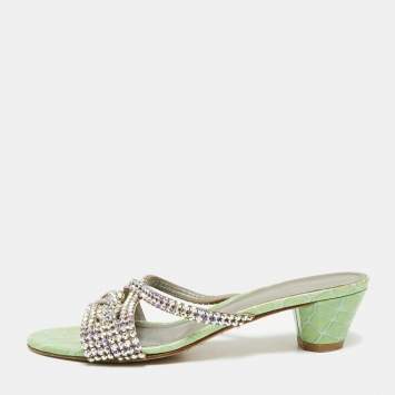 Pre Owned Gina Green/Purple Croc Embossed Patent Leather Crystal Embellished Slide Sandals Size 39.5