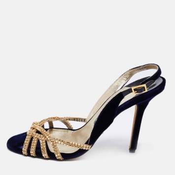 Pre Owned Gina Navy Blue/Gold Velvet Crystal Embellished Slingback Sandals Size 38.5