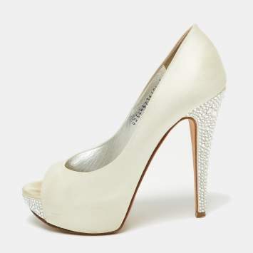 Pre Owned Gina White Satin Jenna Crystal Embellished Heel Peep Toe Platform Pumps Size 38