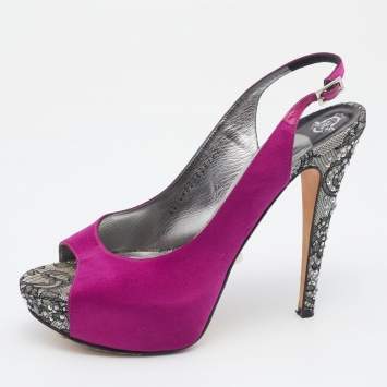 Pre Owned Gina Pink Satin Crystal Platform Slingback Sandals Size 40