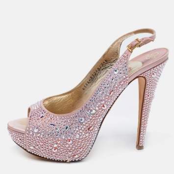 Pre Owned Gina Pink Satin Crystal Embellished Peep Toe Platform Slingback Sandals Size 39