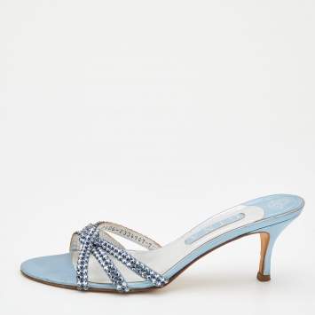 Pre Owned Gina Light Blue Crystal Embellished Leather Strappy Slides Sandals Size 40