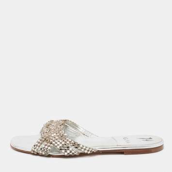 Pre Owned Gina Silver Crystal Embellished Leather Flat Slides Size 39