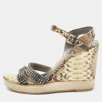 Pre Owned Gina Beige/Brown Python Leather Crystal Embellished Wedge Platform Ankle-Strap Sandals Size 40