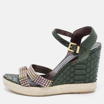 Pre Owned Gina Green Python Leather Crystal Embellished Wedge Sandals Size 40.5