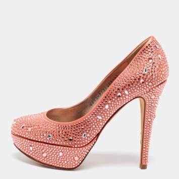 Pre Owned Gina Peach Pink Crystal Embellished Satin Platform Pumps Size 37.5